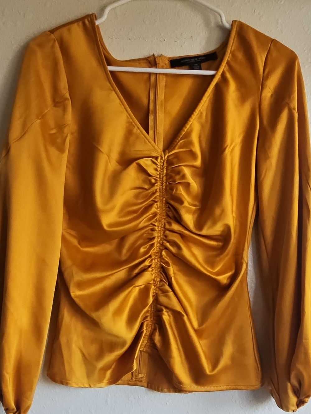 Marc New York Mustard Satin Ruched V-Neck Blouse